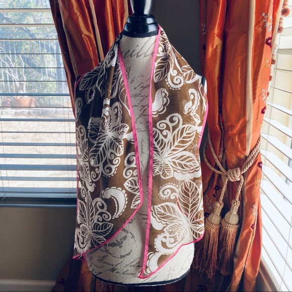 Chiffon Hawaiian White Paisley Print Brown Pink Border Sheer Neck Purse Scarf OS - Picture 4 of 16